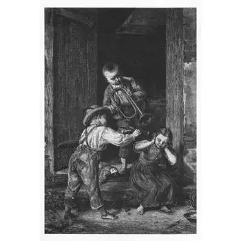 2 boys tormenting sister with horn & fife