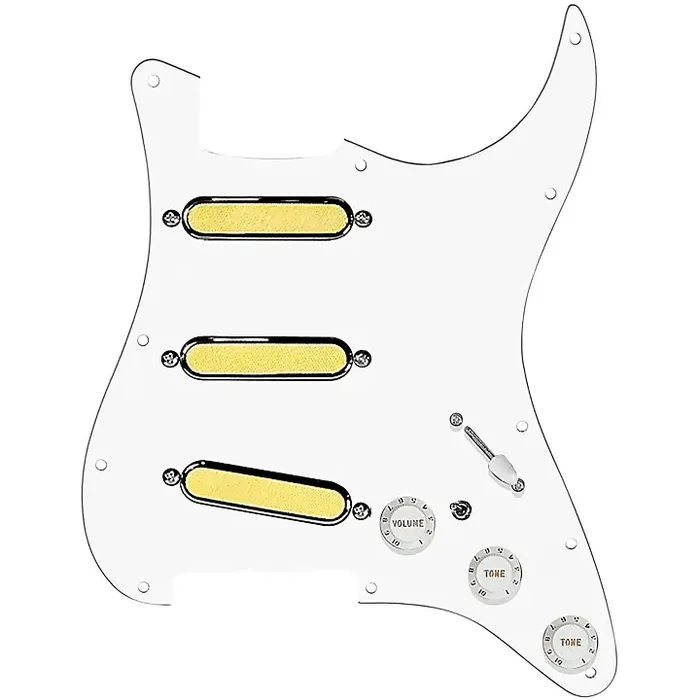 920D Custom Gold Foil Loaded Pickguard For Strat With White Pickups and Knobs and S7W-MT Wiring Harness White Guitar Center