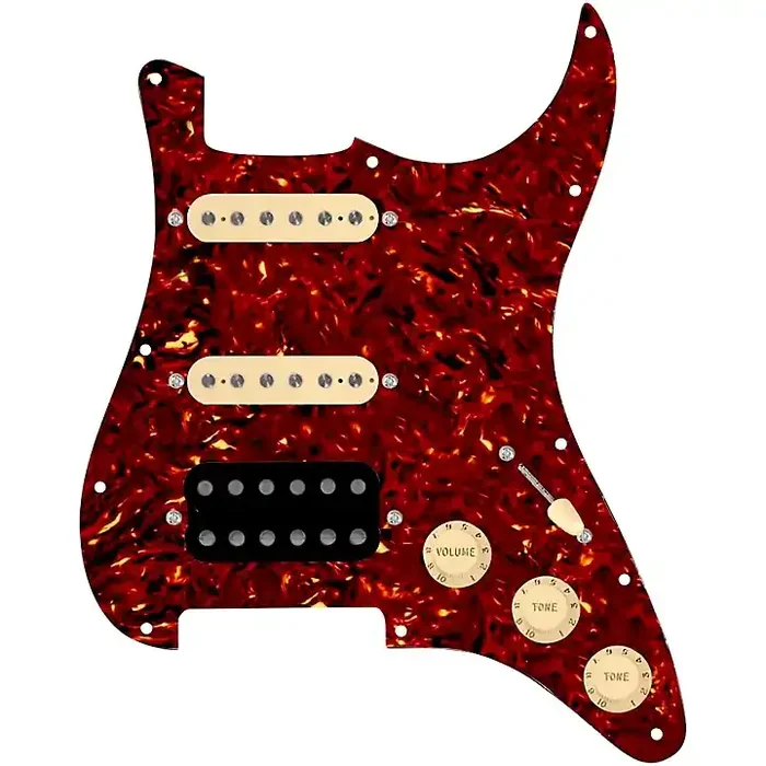 920D Custom HSS Loaded Pickguard For Strat With An Uncovered Smoothie Humbucker, Aged White Texas Vintage Pickups and Aged White Knobs Tortoise Guitar Center
