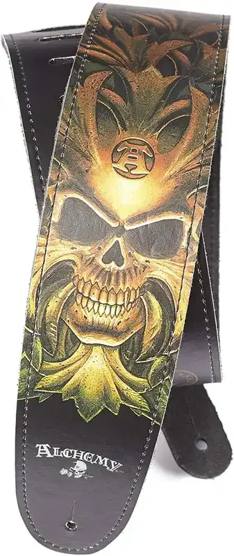 Alchemy Leather Guitar Strap, Green Skull
