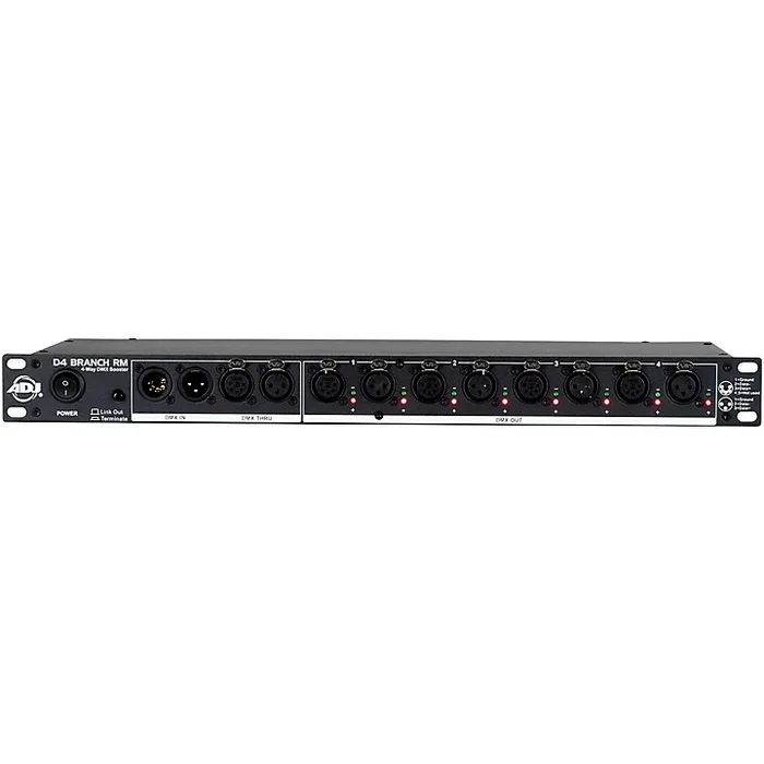 American DJ D4 Branch RM Single Rack Space, 4-way Distributor/Booster with 3-pin and 5-pin XLR Input and Output Jacks