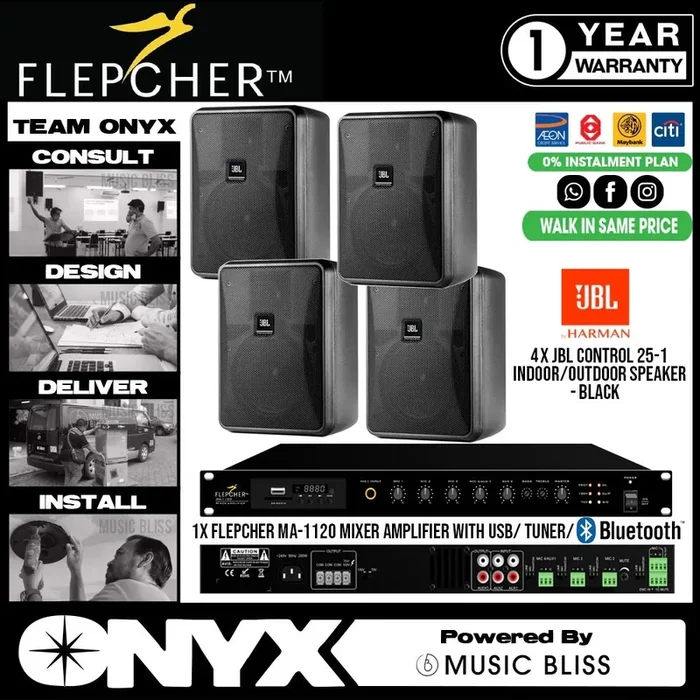 Background Music PA System Flepcher MA-1120 Mixer Amplifier with USB, Bluetooth with JBL Control 25-1 Indoor Outdoor Speakers