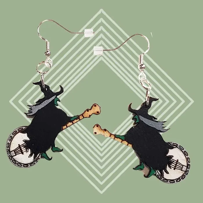Banjo Witch Wooden Earrings