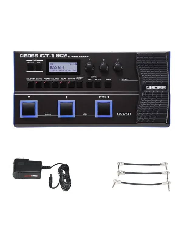 Boss GT-1 Guitar Effects Processor + Gator 9V Power Combo & 3 Patch Cables