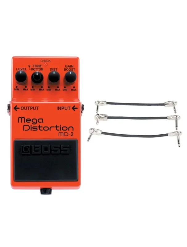 Boss MD-2 Mega Distortion Stompbox Pedal + Gator Patch Cable 3 Pack