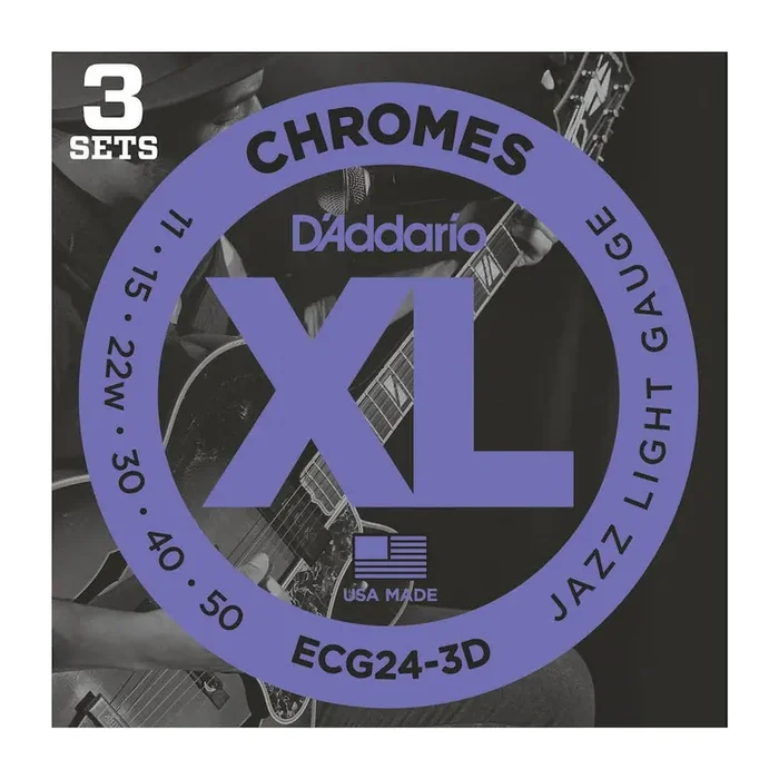 D‘Addario ECG24-3D Chromes Flat Wound Electric Guitar Strings, Jazz Light, 11-50, 3 Sets