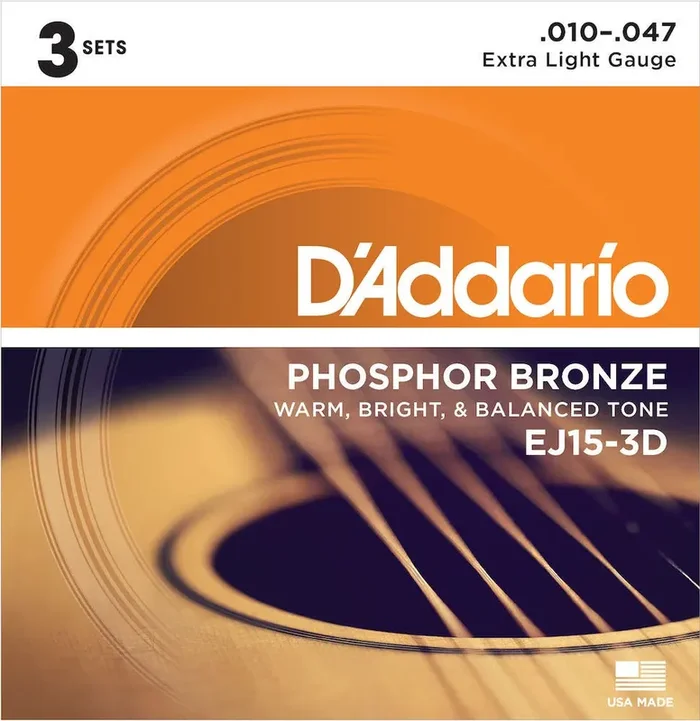 D‘Addario EJ15-3D Phosphor Bronze Acoustic Guitar Strings, Extra Light, 3 Sets