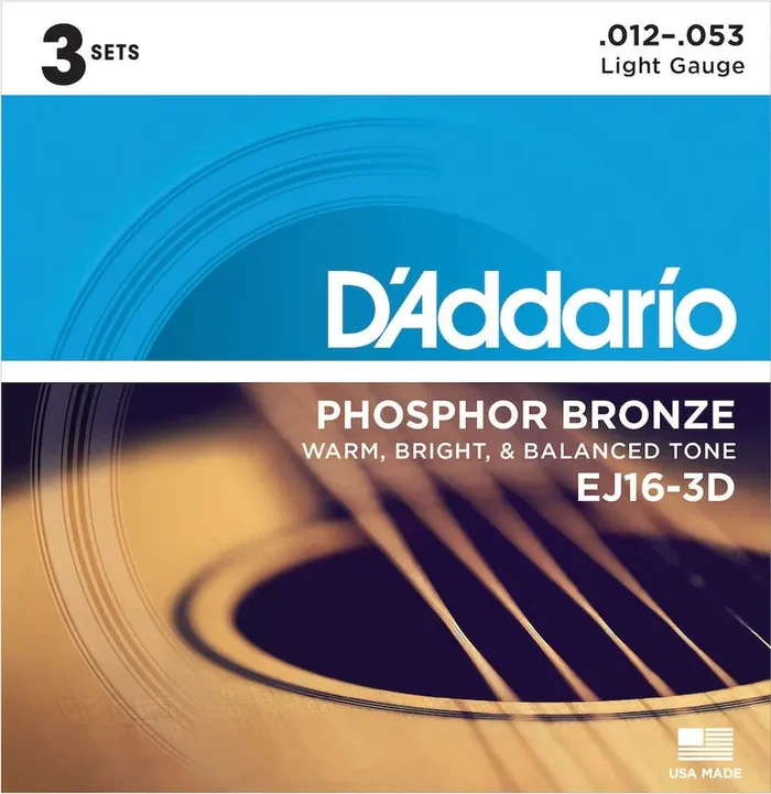 D‘Addario EJ16-3D Phosphor Bronze Acoustic Guitar Strings, Light, 3 Sets