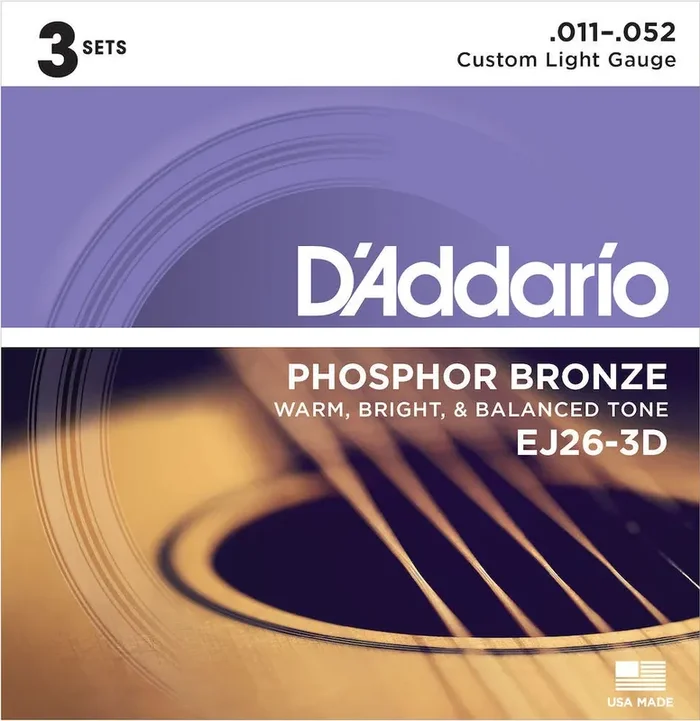 D‘Addario EJ26-3D Phosphor Bronze Acoustic Guitar Strings, Custom Light, 11-52, 3 Sets