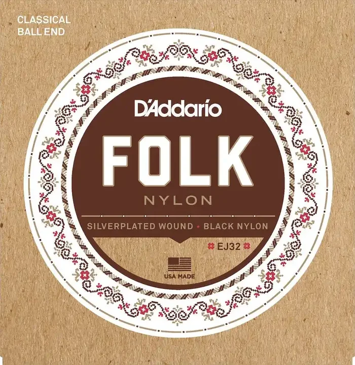 D‘Addario EJ32 Folk Nylon Guitar Strings, Ball End, Silver Wound/Black Nylon Trebles