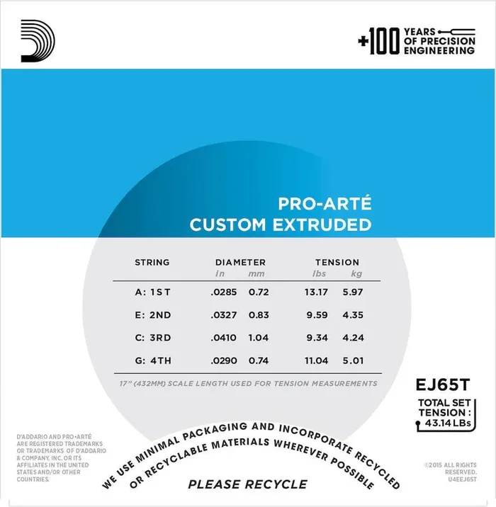D‘Addario EJ65T Pro-Arté Custom Extruded Nylon Ukulele Strings, Tenor