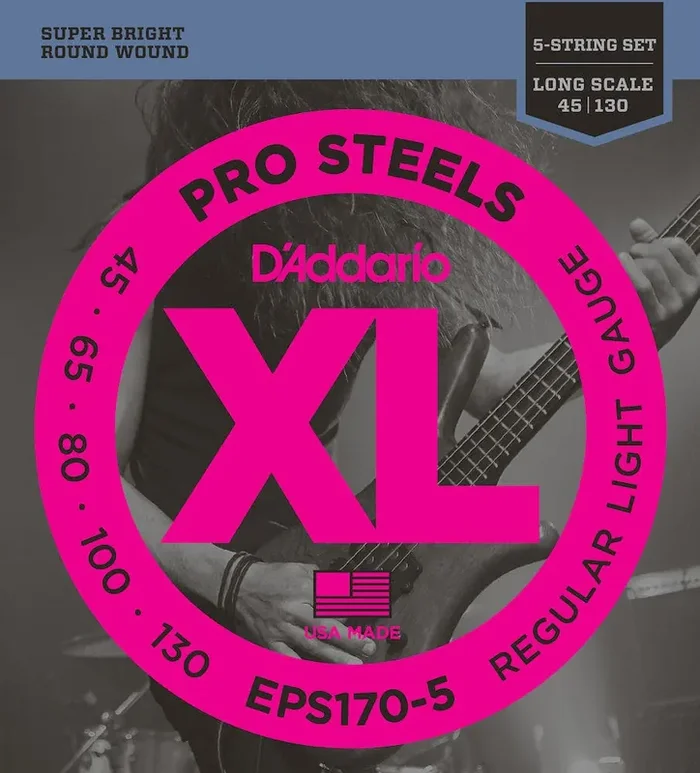 D‘Addario EPS170-5 5-String ProSteels Bass Guitar Strings, Light, 45-130, Long Scale