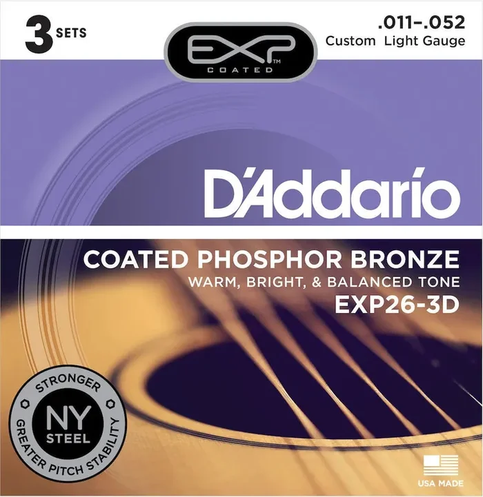 D‘Addario EXP26-3D Coated Phosphor Bronze Acoustic Guitar Strings, Custom Light, 11-52, 3 Sets