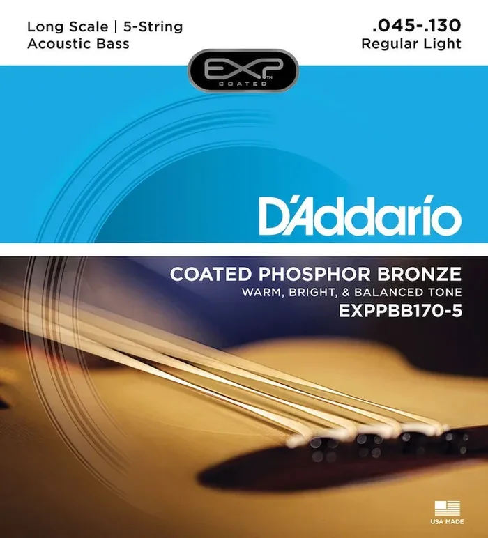D‘Addario EXPPBB170-5 Phosphor Bronze Coated 5-String Acoustic Bass Strings, Long Scale, 45-130