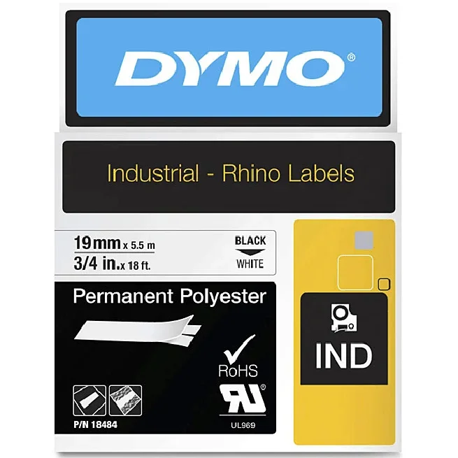 Dymo 18484 Rhino Industrial Tape Permanent Polyester 19mm (Black On White) [6 Pack]