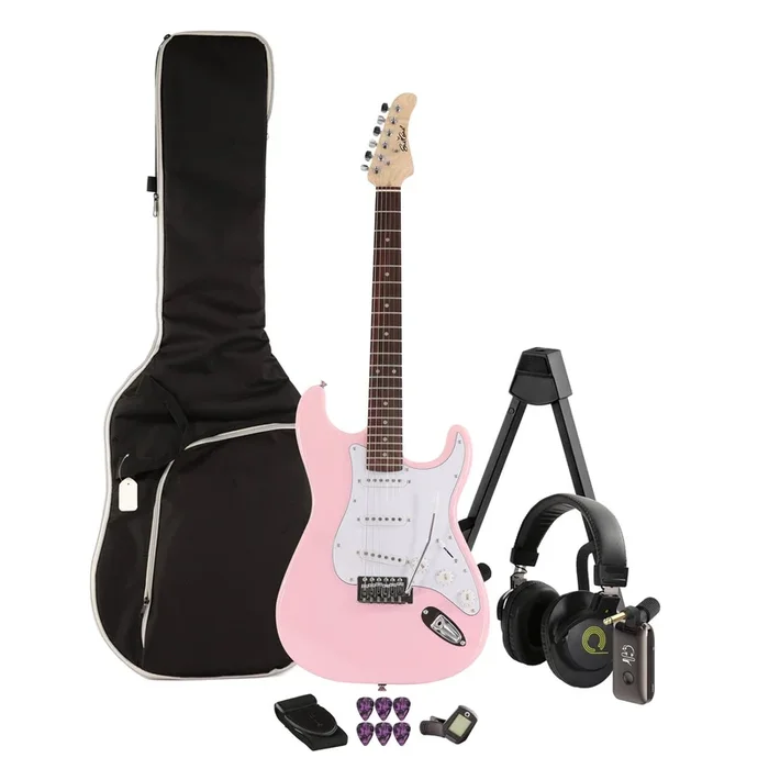 EastCoast ST1 Electric Guitar Bundle in Shell Pink with Headphones and Headphone Amp