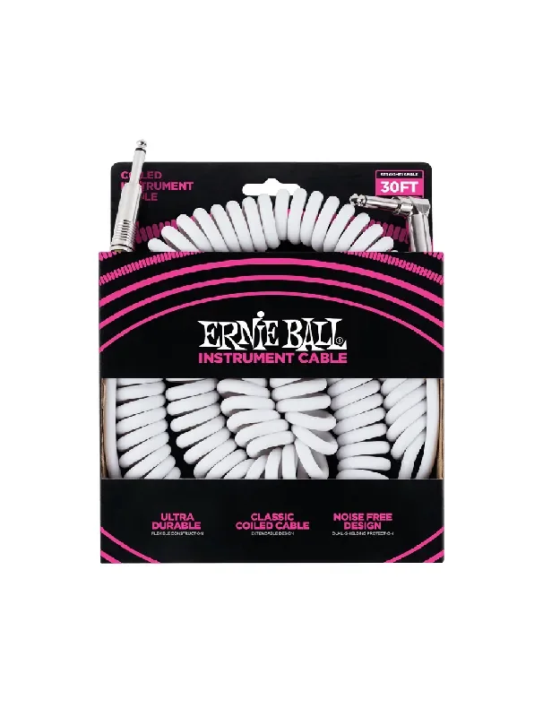 Ernie Ball 30’ Coiled Straight / Straight Instrument Cable – White