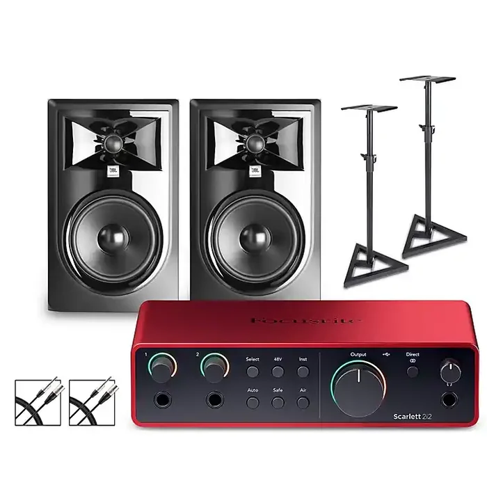 Focusrite Scarlett 2i2 Gen 4 With JBL 3 Series Studio Monitor Pair Bundle (Stands & Cables Included) 306MKII Guitar Center