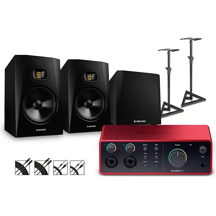 Focusrite Scarlett 4i4 Gen 4 With Adam Audio T-Series Studio Monitor Pair & T10S Subwoofer Bundle (Stands & Cables Included) T8V Guitar Center