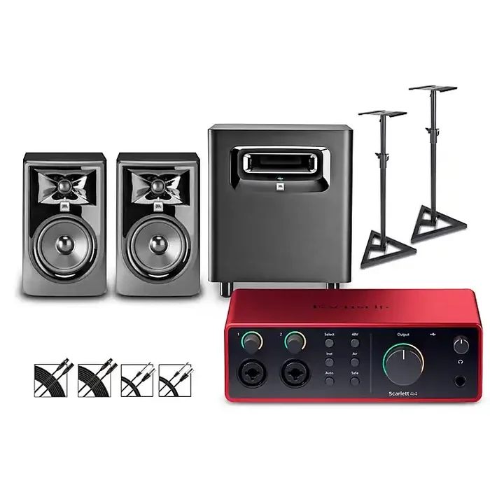 Focusrite Scarlett 4i4 Gen 4 with JBL 3 Series Studio Monitor Pair & LSR Subwoofer Bundle (Stands & Cables Included) 305MKII Guitar Center
