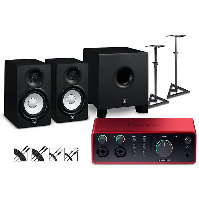 Focusrite Scarlett 4i4 Gen 4 With Yamaha HS Studio Monitor Pair & HS8S Subwoofer Bundle (Stands & Cables Included) HS5 Guitar Center