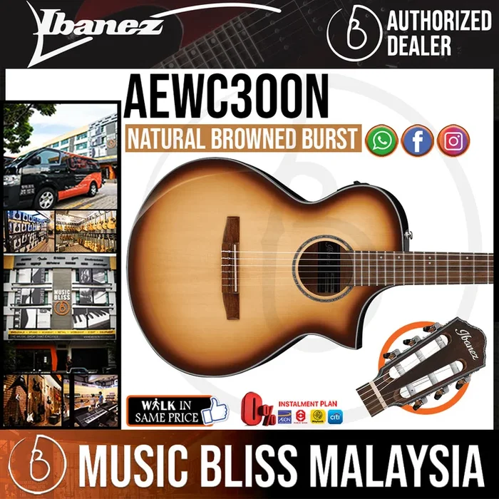 Ibanez AEWC300N Acoustic-Electric Guitar – Natural Browned Burst High Gloss (AEWC300N-NNB)