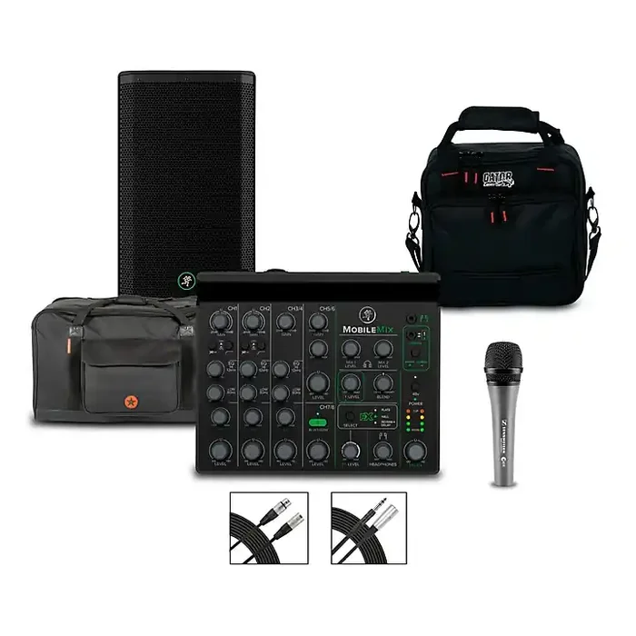 Mackie MobileMix 8-Channel USB-Powerable Mixer With Thrash212 GO Speaker, Roadrunner Bag, e835 Microphone, Stand, and Cable Guitar Center