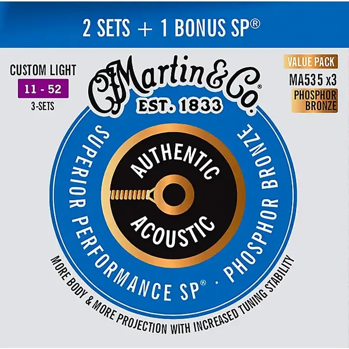 Martin Authentic Acoustic SP Guitar Strings, Custom Light (MA535) Value 3-Pack (11-52) Custom Light (11-52) Guitar Center
