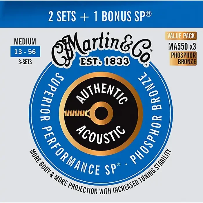 Martin Authentic Acoustic SP Guitar Strings, Medium (MA550) Value 3-Pack (13-56) Medium (13-56) Guitar Center