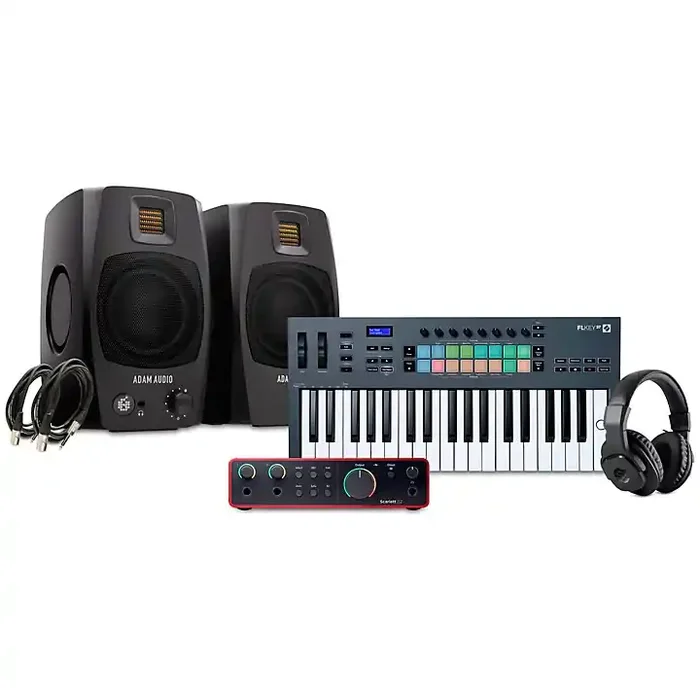 Novation FLkey Keyboard Controller with Focusrite 2i2 USB Audio Interface and Adam Audio D3V 3-inch Studio Monitor Pair Package (Cables & Headphones Included) 37 Key Package Guitar Center