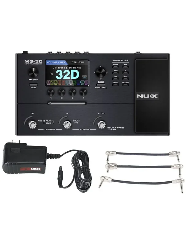 NUX MG-30 Micro Guitar Processor + Gator 9V Power Combo & 3 Patch Cables