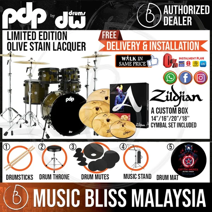 PDP by DW Limited Edition 5-piece Shell Pack with ZILDJIAN A Custom Cymbal Set – Olive Stain Lacquer