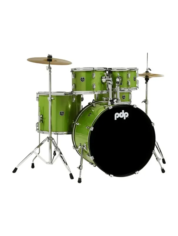 PDP Centerstage 5-Piece Drum Kit with Hardware, Cymbals & Throne – Electric Green Sparkle