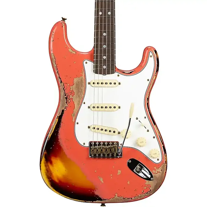 Platinum Fender Custom Shop 65 Stratocaster Super Heavy Relic Electric Guitar Super Faded Aged Tahitian Coral over 3-Color Sunburst Guitar Center