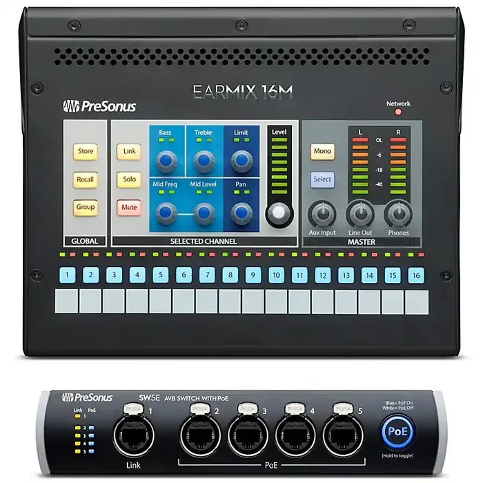 PreSonus Personal Monitoring Bundle With 4 EarMix 16M Personal Mixers and SW5E 5-Port AVB Switch Guitar Center