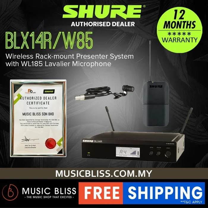 Shure BLX14R/W85 Lavalier Wireless System, BLX4R Wireless Receiver, BLX1 Bodypack Transmitter & WL185 Lavalier Microphone