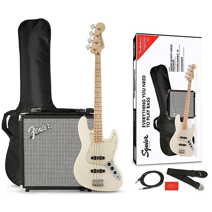 Squier Affinity Jazz Bass Limited-Edition Pack With Fender Rumble 15W Bass Combo Amp Olympic White