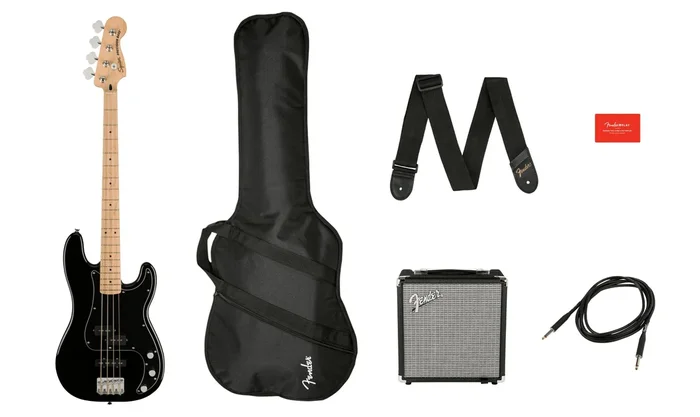 Squier Affinity Precision Bass Guitar PJ Pack in Black with Rumble 15W Amp
