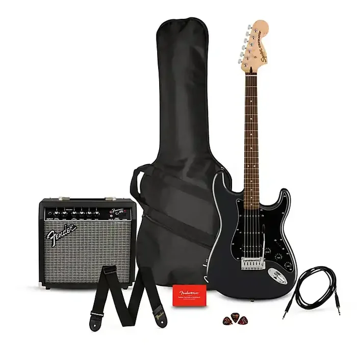 Squier Affinity Series Stratocaster HSS Electric Guitar Pack With Fender Frontman 15G Amp Charcoal Frost Metallic Guitar Center