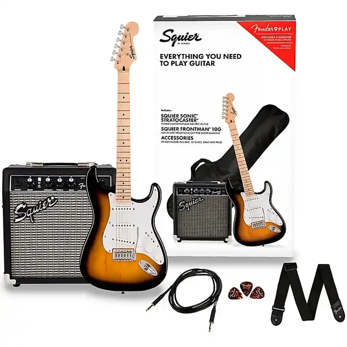 Squier Sonic Stratocaster Electric Guitar Pack With Fender Frontman 10G Amp 2-Color Sunburst Guitar Center