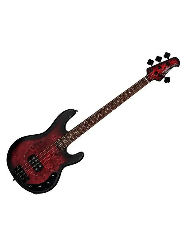 Sterling by Music Man StingRay RAY34 Poplar Burl – Dark Scarlet Burst Satin