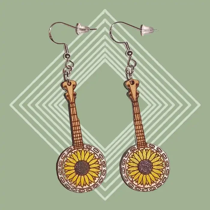 Sunflower Banjo Wooden Earrings