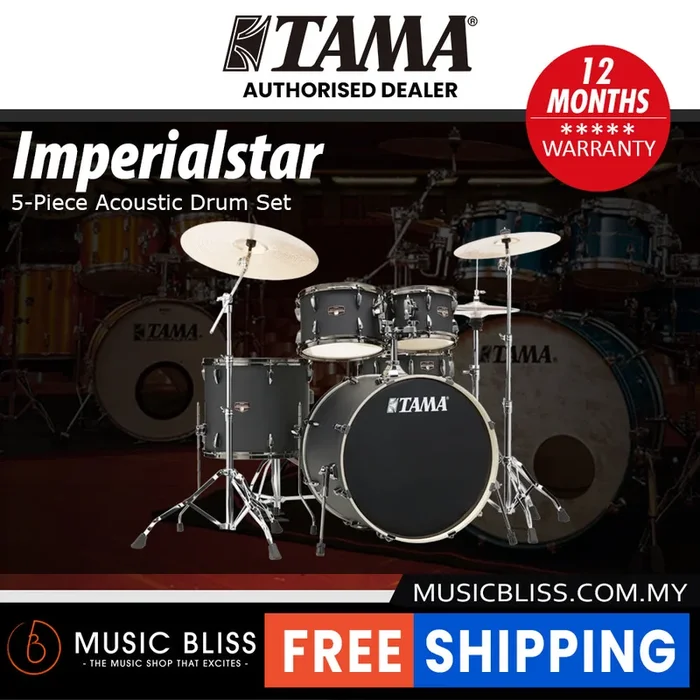 Tama Imperialstar 5-piece Drum Set with Drumsticks and Throne – 22″ Kick – Blacked Out Black (IP52H6WBN)