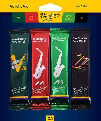 Vandoren Alto Sax Jazz Reed Mix Card includes 1 each ZZ, V16, Java and Java Red Strength 2.5