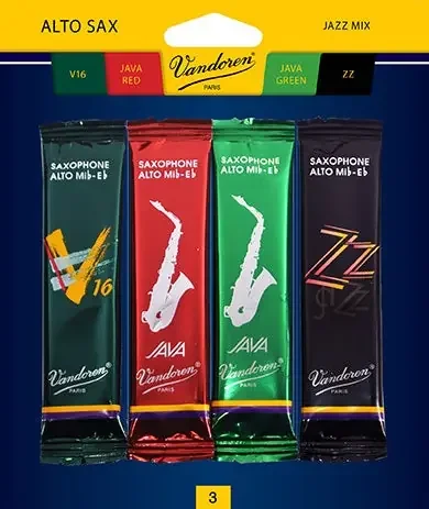 Vandoren Alto Sax Jazz Reed Mix Card includes 1 each ZZ, V16, Java and Java Red Strength 3
