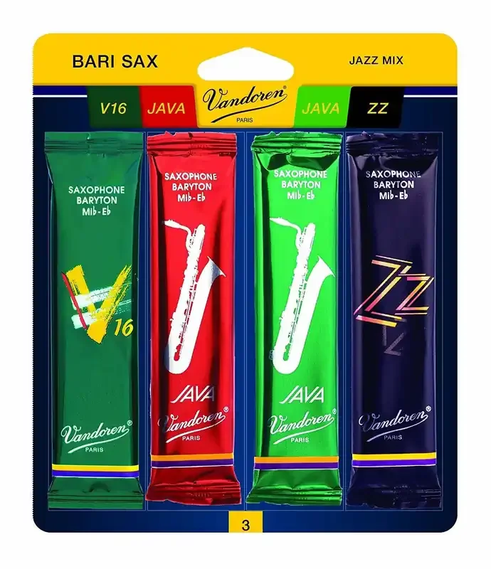 Vandoren Bari Sax Jazz Reed Mix Card includes 1 each ZZ, Traditional, Java and Java Red Strength 3