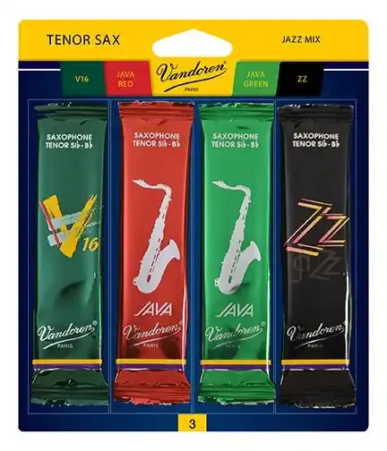Vandoren Tenor Sax Jazz Reed Mix Card includes 1 each ZZ, V16, Java and Java Red Strength 3